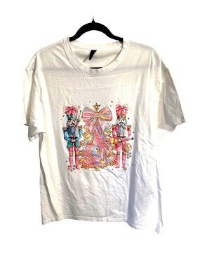 Nutcracker Graphic White T-Shirt Christmas Tree Design Large G 100% Cotton